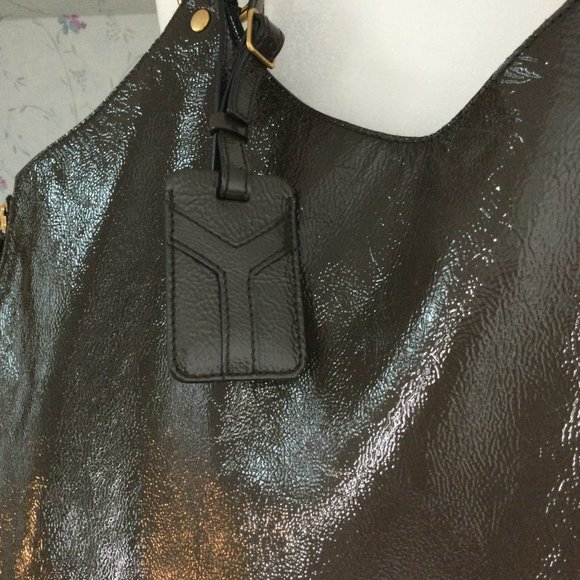 Authentic YVES SAINT LAURENT PATENT OLIVE GREEN TRIBUTE BAG PURSE TOTE - Picture 5 of 10